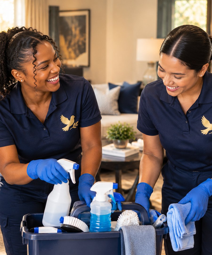 Deux préposées de Haute Pureté en uniforme, logo colombe, préparant leur matériel chez un client du Grand Montréal