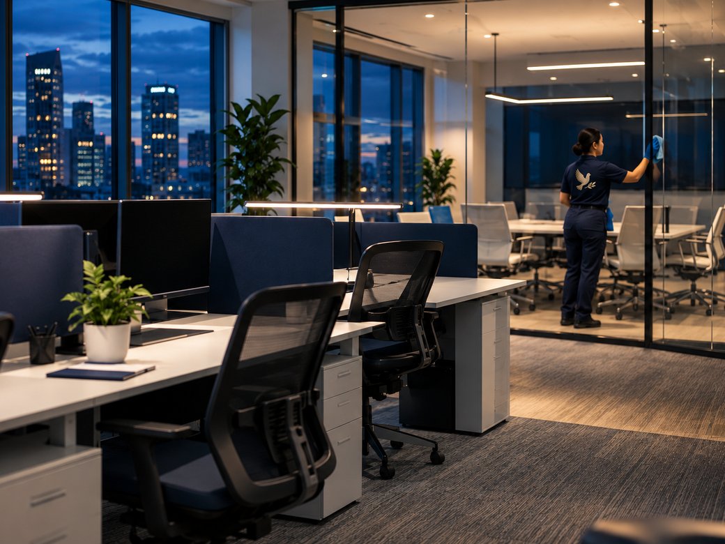 Préposée Haute Pureté nettoyant une salle de réunion vitrée dans des bureaux de Montréal en soirée